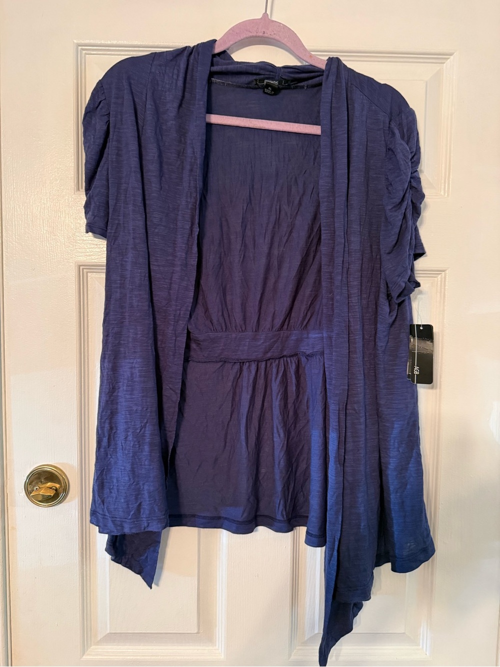 AGB Open-Front Short Sleeve Draped Cardigan in Deep Blue